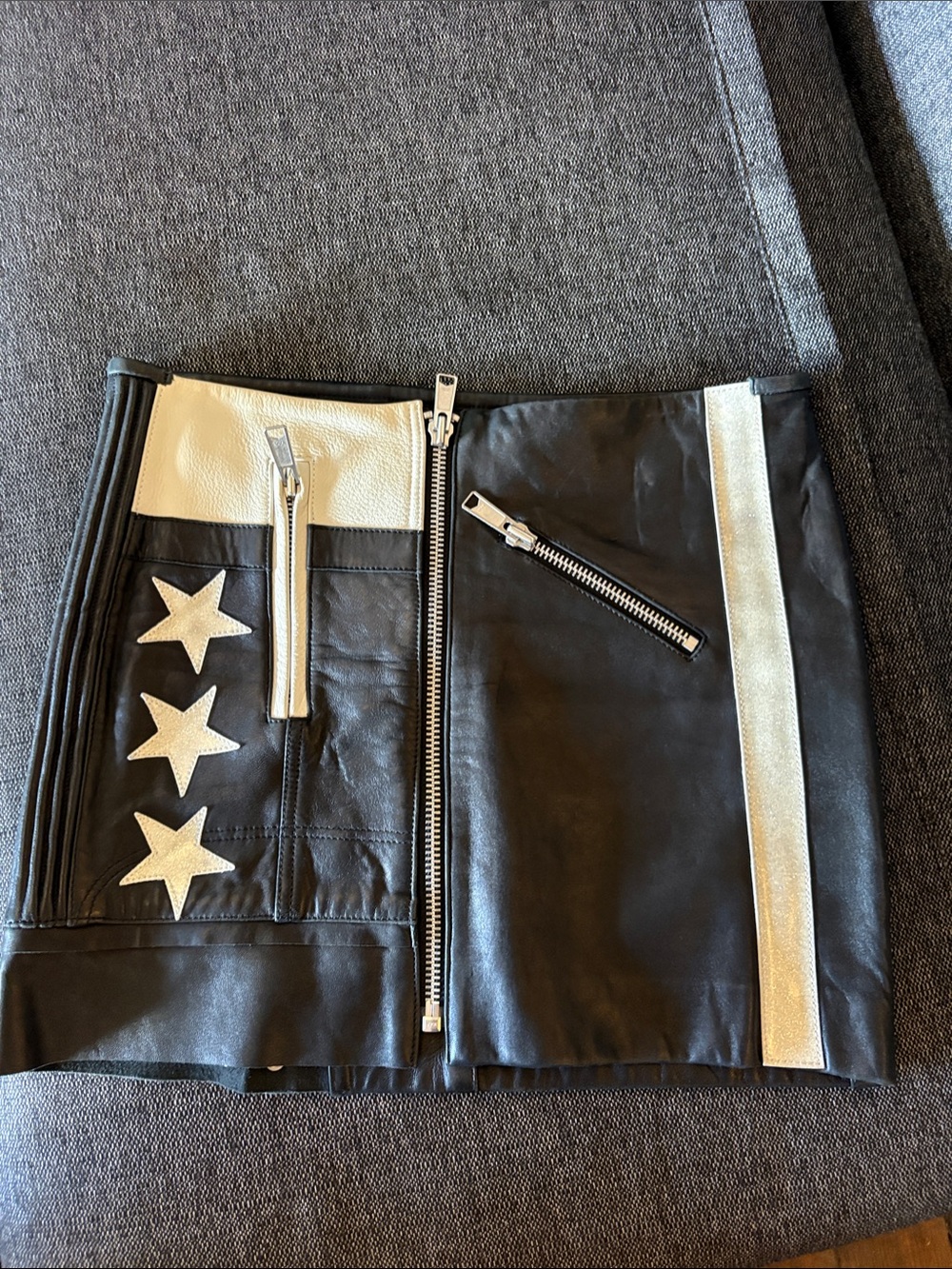 Acne  Black Leather Mini Skirt with Silver Stars and Stripe